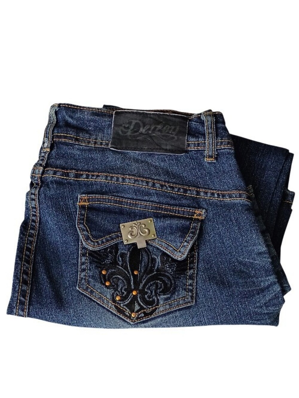 Vtg Dereon Beyonce Safety Pin Ruched Ankle Jeans Rhinestone Fleur De Lis Sz 16